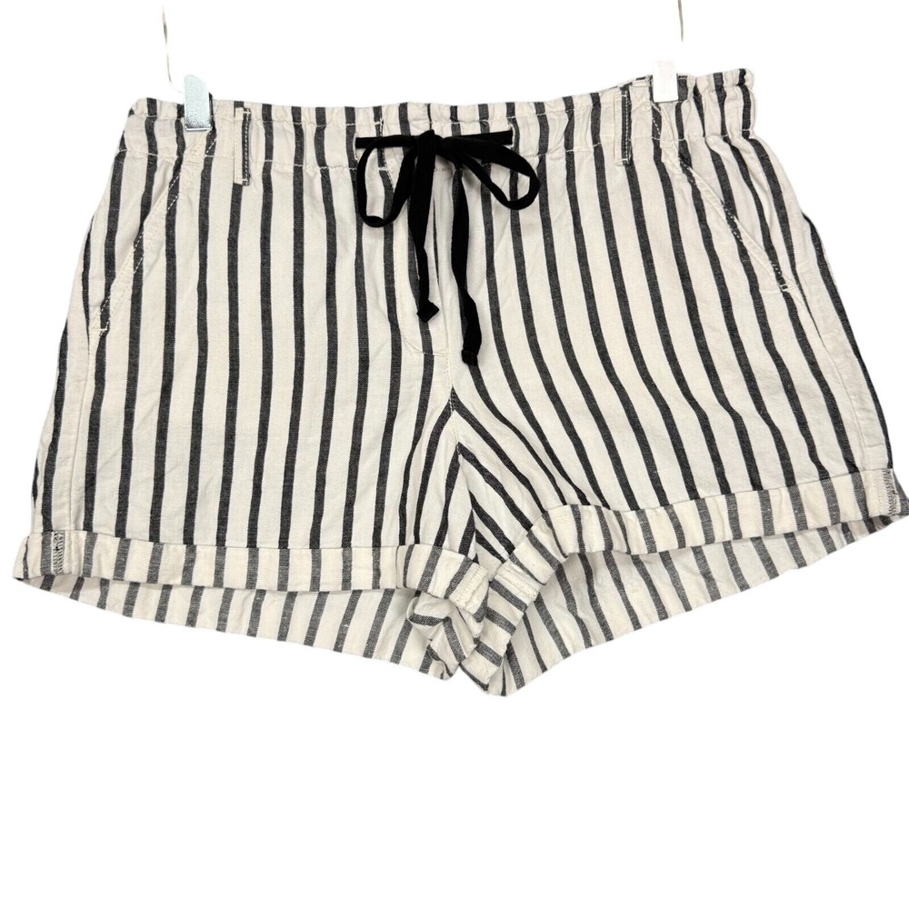 Lou & Grey Shorts Womens Medium White Black Stripe Linen Blend Drawstring Waist